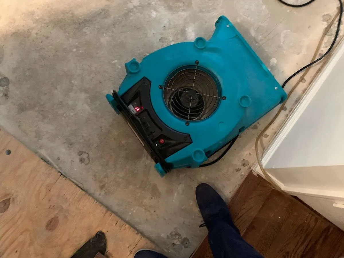 Air mover drying subfloor during Leak Detection & Repair in West Springfield
